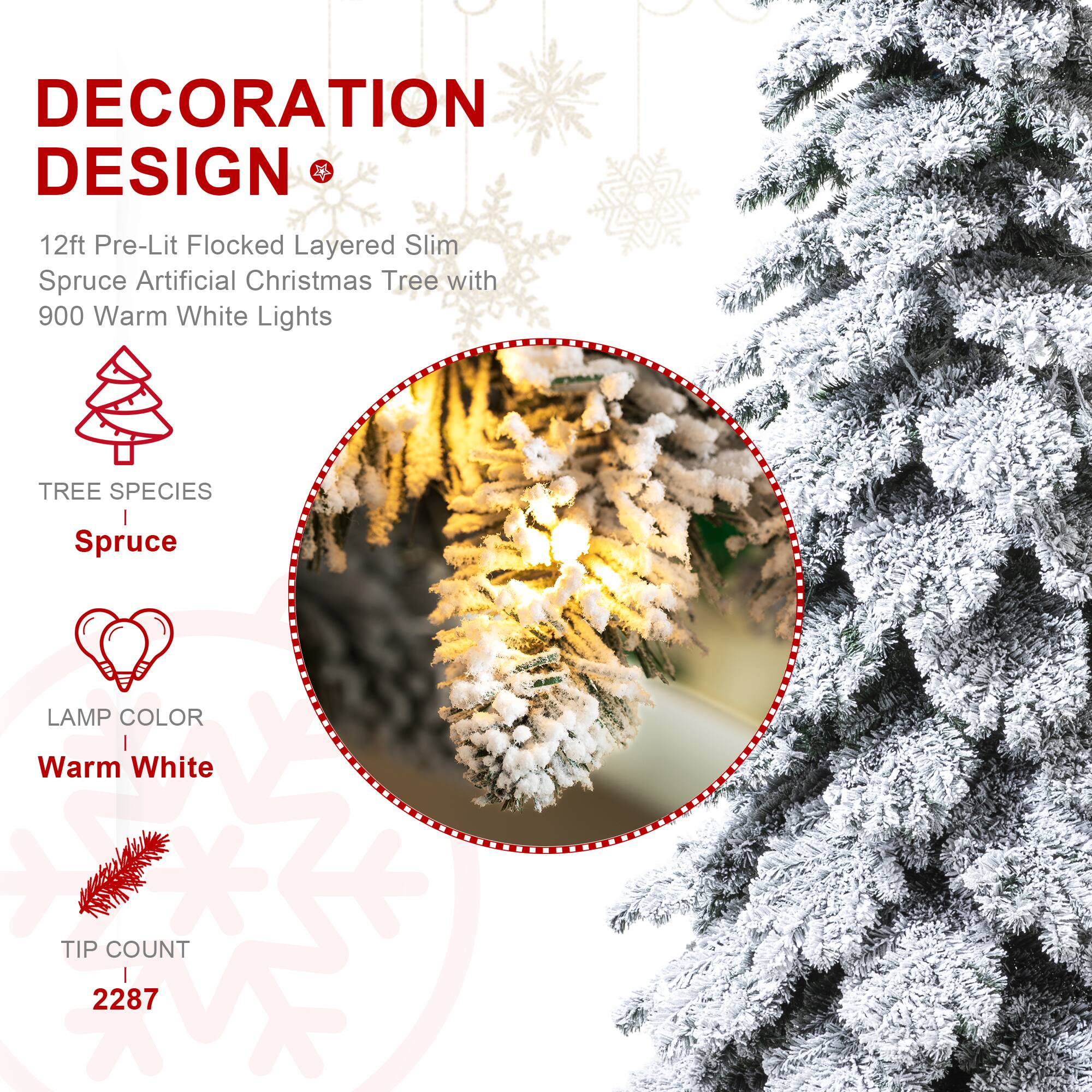 12ft. Pre-Lit Flocked Layered Slim Spruce Artificial Christmas Tree, Warm White LED Lights